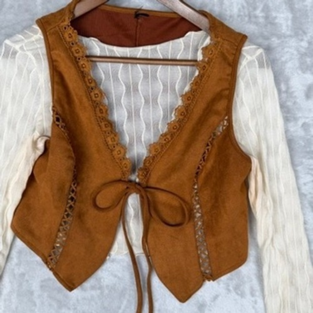 Western boho Country Womens Brown Faux Suede Lace‎ Trim Tie Front Vest Boho